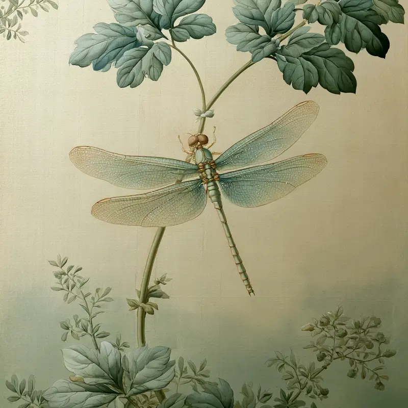Delicate Botanical Mural Featuring a Dragonfly on Soft Background