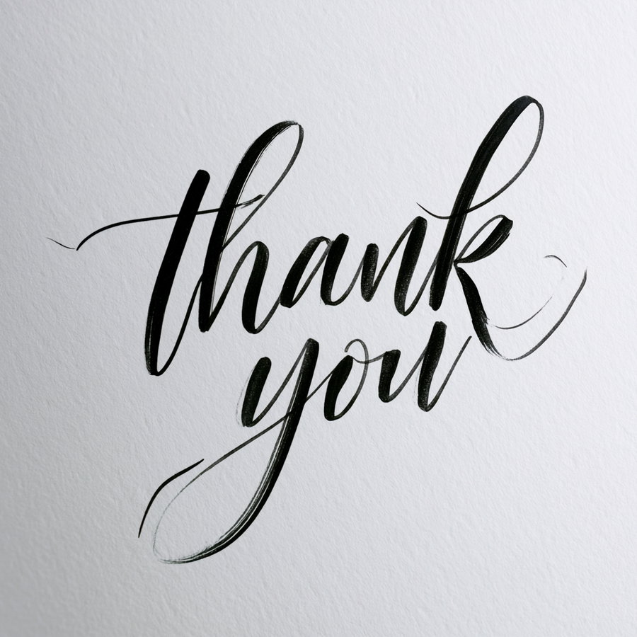 Handwritten letters spelling 'thank you' in black cursive on a white background