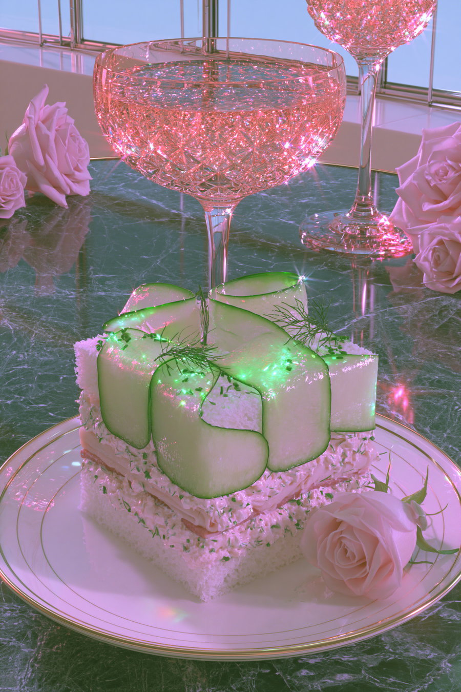 A luxurious cucumber club finger sandwich served on a minimal white porcelain plate with a thin gold rim, accompanied by a sparkling drink, on a dark green marble table, featuring soft pink roses in the background.