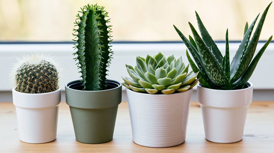 Four plants in pots on a light wooden surface, featuring a small cactus, a tall euphorbia, an echeveria succulent, and an aloe plant, all clearly distinguishable with natural window light.