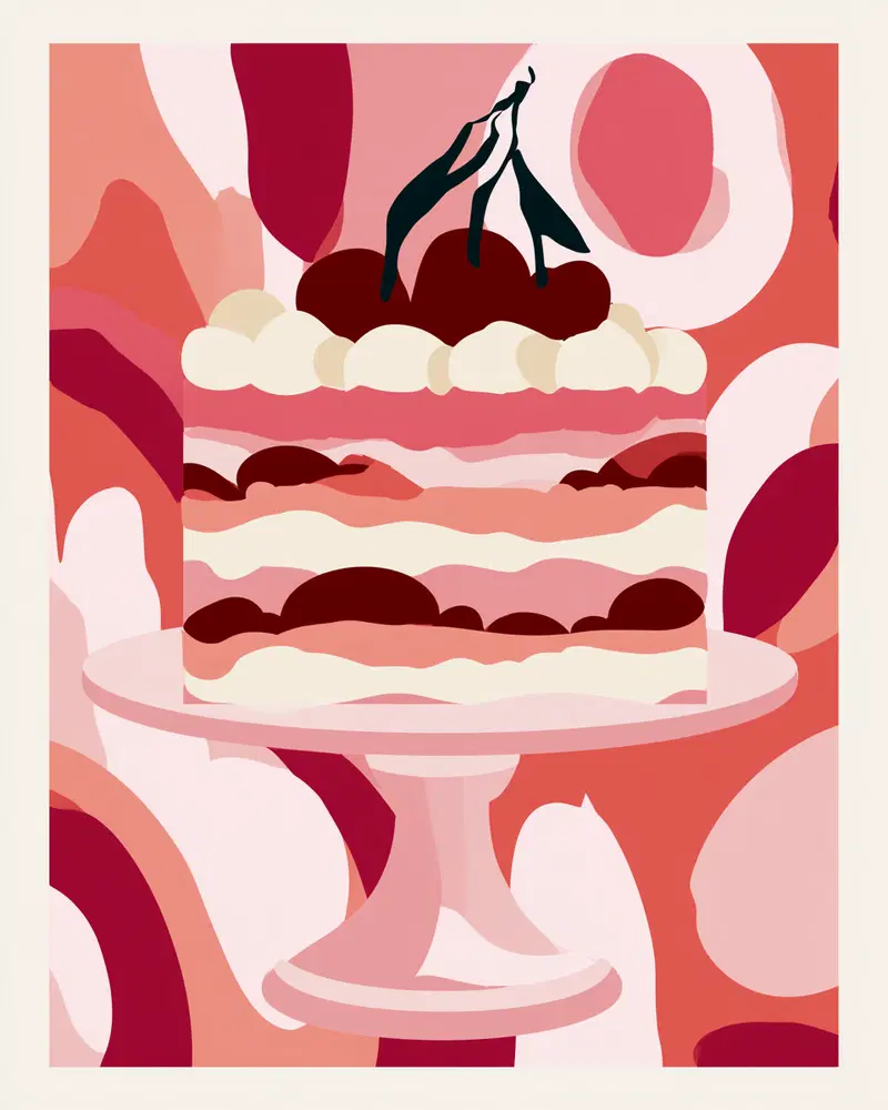 Matisse Inspired Cherry Cake Illustration with Bold Cut-Paper Shapes