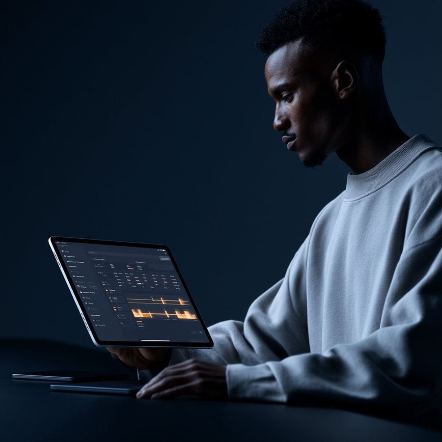 A person wearing a light sweater, sitting at a dark workspace, holding a tablet that displays a modern dashboard UI. The environment features electric blue lighting and a black workspace with negative space.