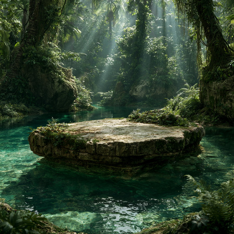 Hidden tropical rainforest with a floating limestone island, crystal-clear emerald spring water, and cinematic sun rays filtering through the jungle canopy.