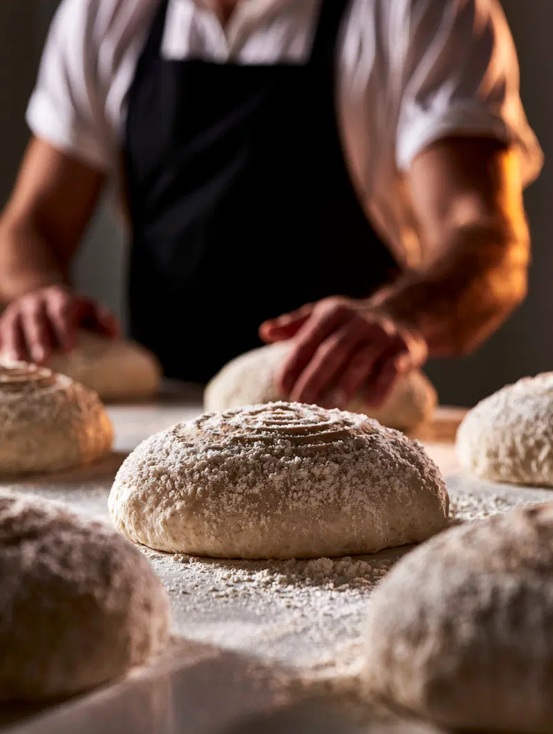 Artistic Close-Up of Raw Sourdough Dough in a Bakery Setting