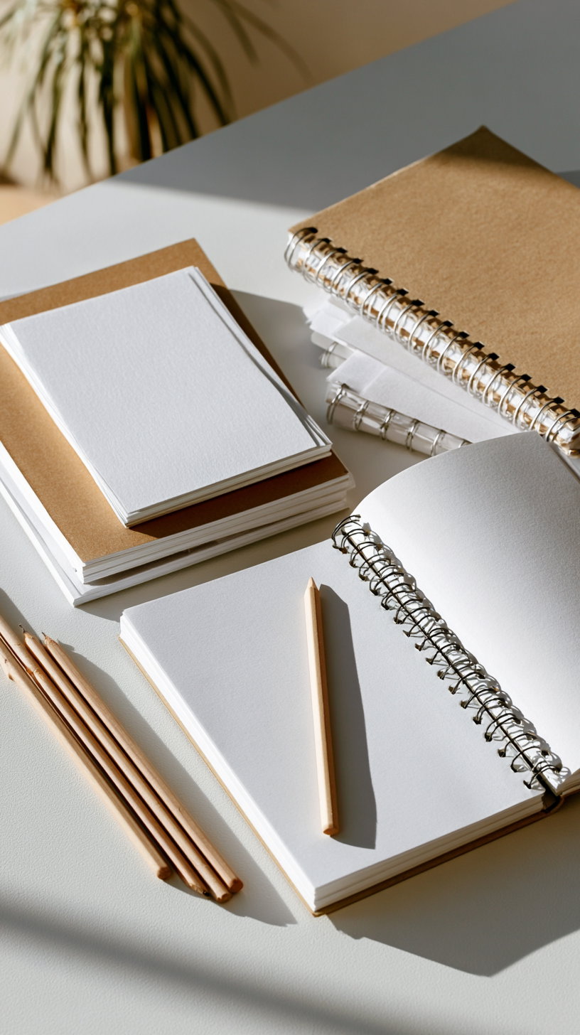 A close-up view of blank flashcards, spiral notebooks, plain pencils arranged on a light surface with warm light illuminating the scene.