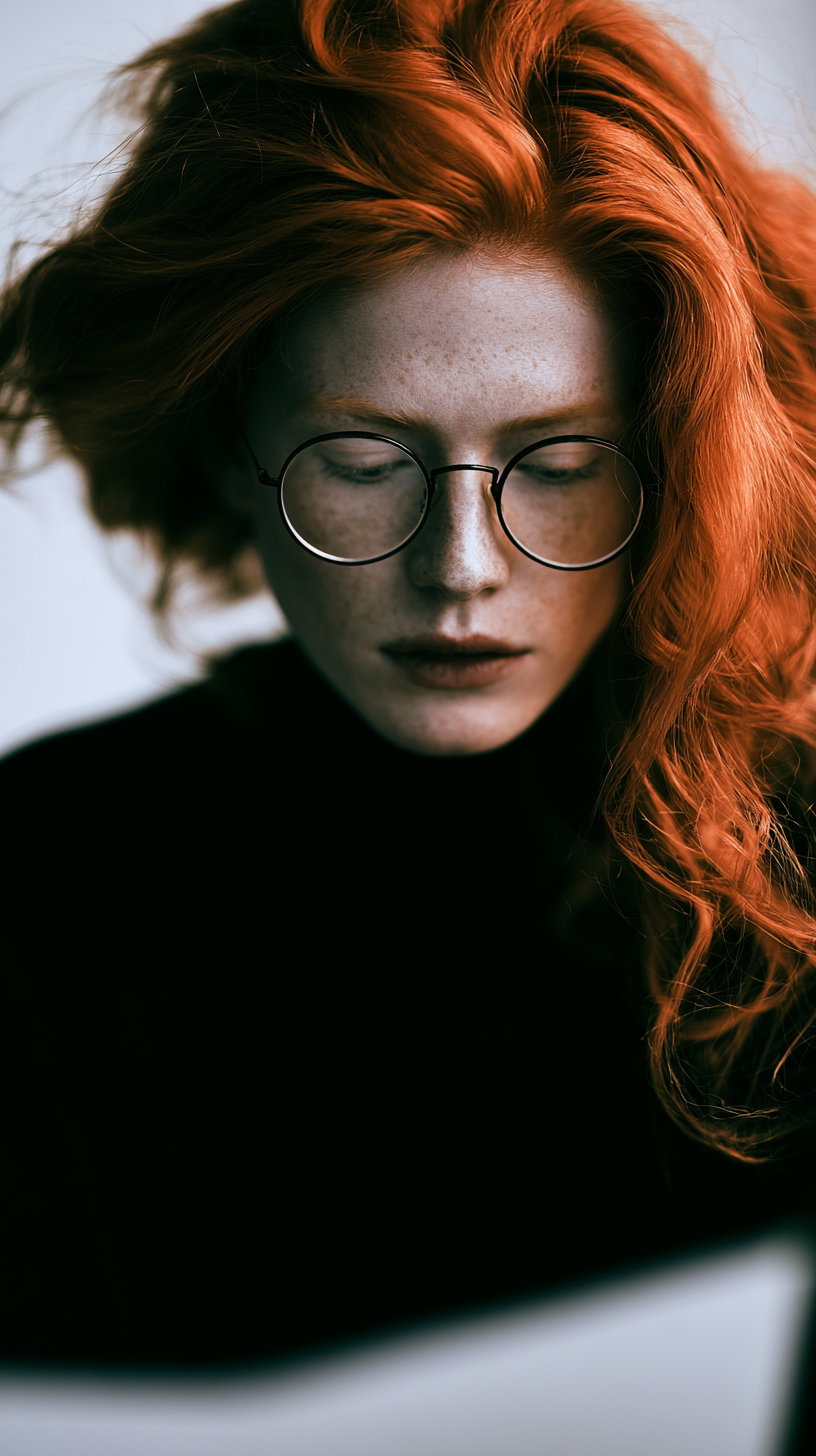 A red-haired woman with glasses, slightly bowed head, looking at A4 documents against a clean white background.