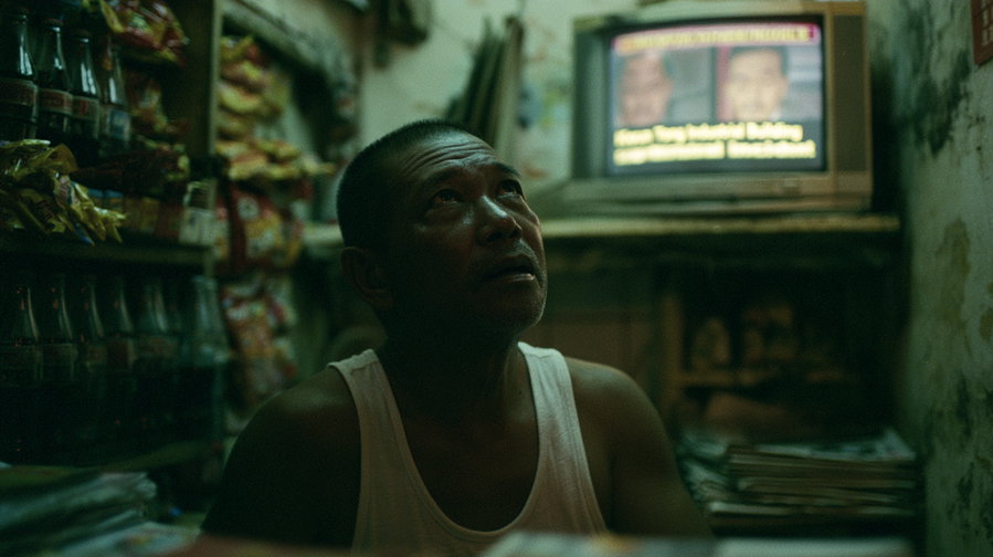 A man in a white singlet looks up in a dimly lit convenience store with shelves of glass soda bottles and snacks. A CRT TV displays a news report while walls show stains and peeling paint, embodying a nostalgic, moody ambiance.