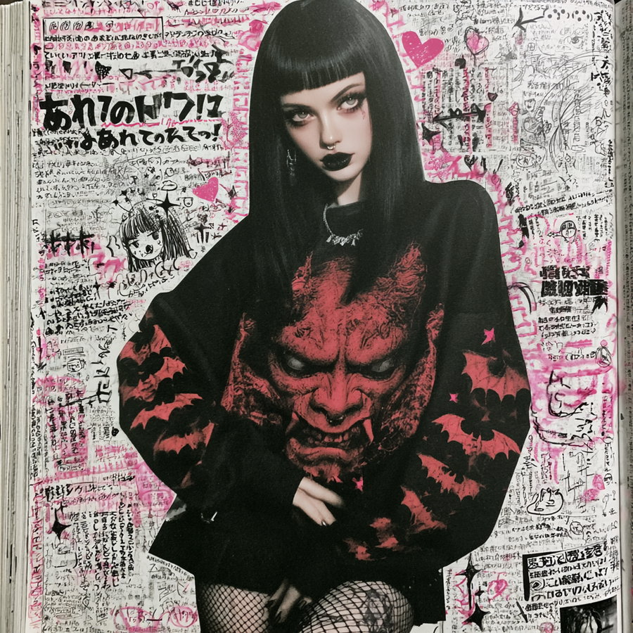 A collage page showing a goth girl with pale skin, black hair, and gothic attire. She wears a large black shirt with a red demonic graphic, fishnet tights, and heavy makeup. Surrounding her are various doodles, handwritten Japanese notes, hearts, and emotive reactions. The background is filled with colorful textures and chaotic emotional commentary.