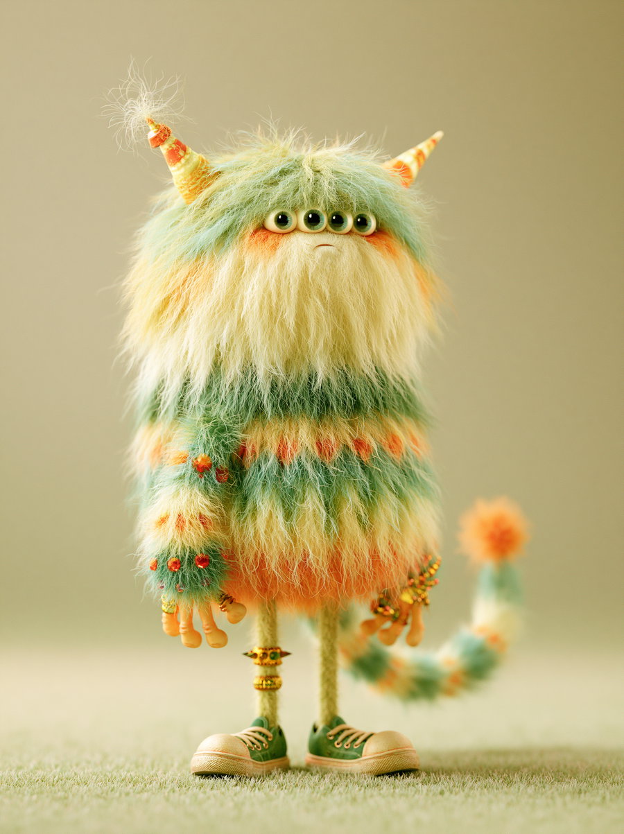 A silly monster with colorful shaggy fur, long spindly legs and oversized sneakers, featuring exaggerated facial features and expressive eyes, adorned with flashy jewelry, posed against a simple neutral background.