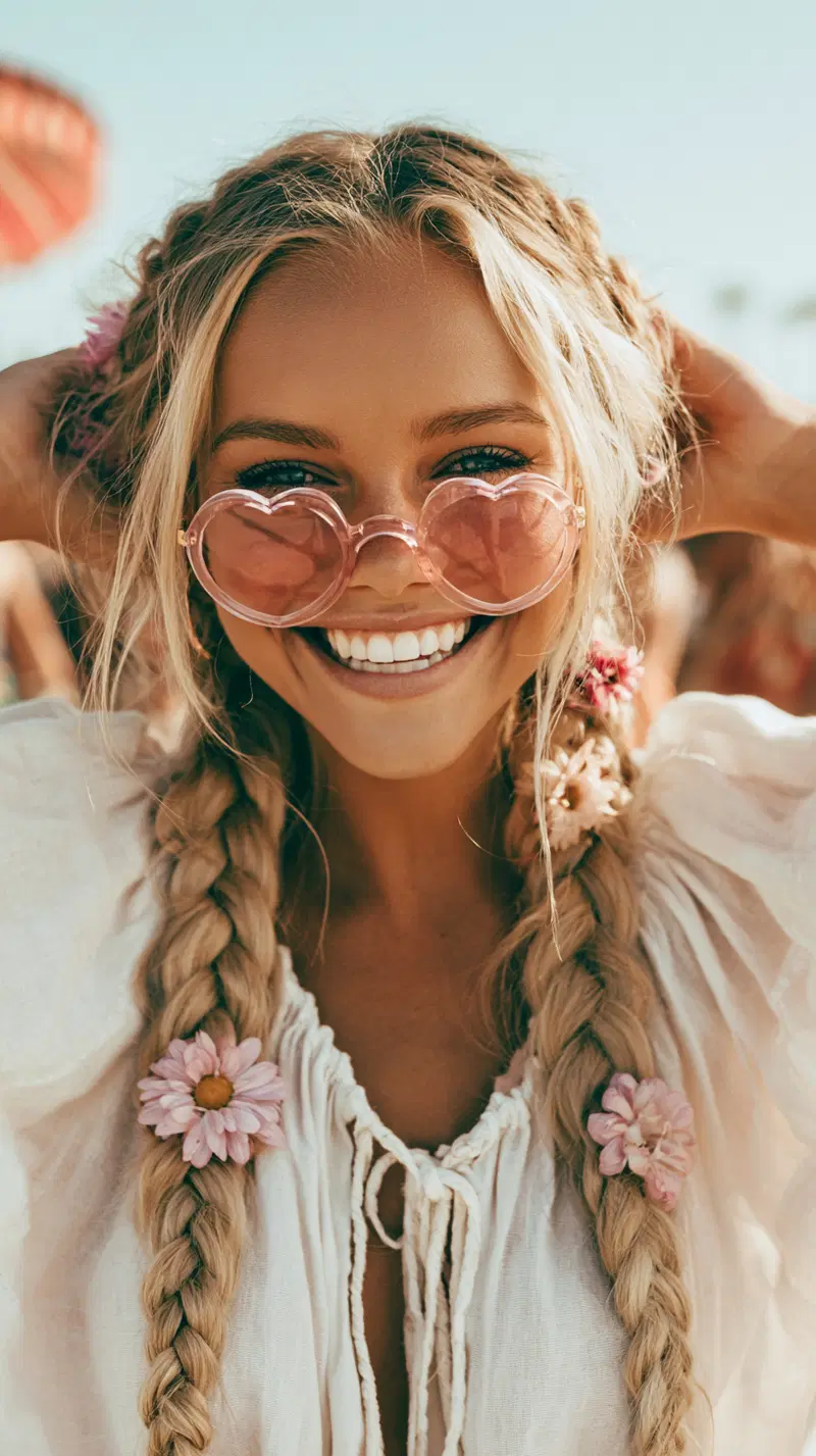 Charming Bohemian Vibes with Floral Braids and Pink Sunglasses