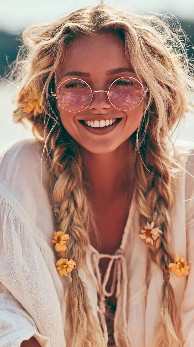 Smiling Woman with Braids and Flowers in a Natural Setting