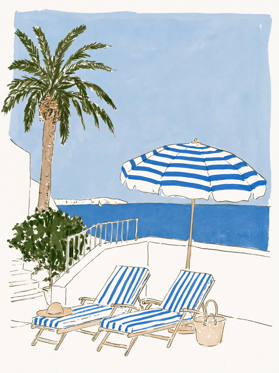 A beachside scene featuring two striped lounge chairs, a large striped umbrella, a palm tree, and a clear blue sky above a serene ocean.