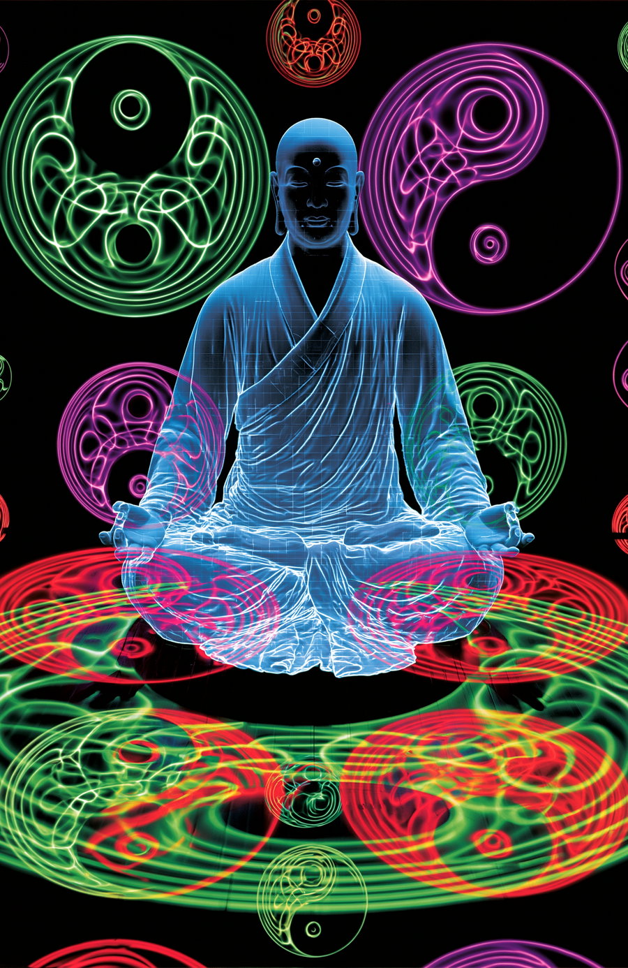 A hologram of a figure sitting in a Lotus position, surrounded by colorful, swirling yin-yangs against a dark background.