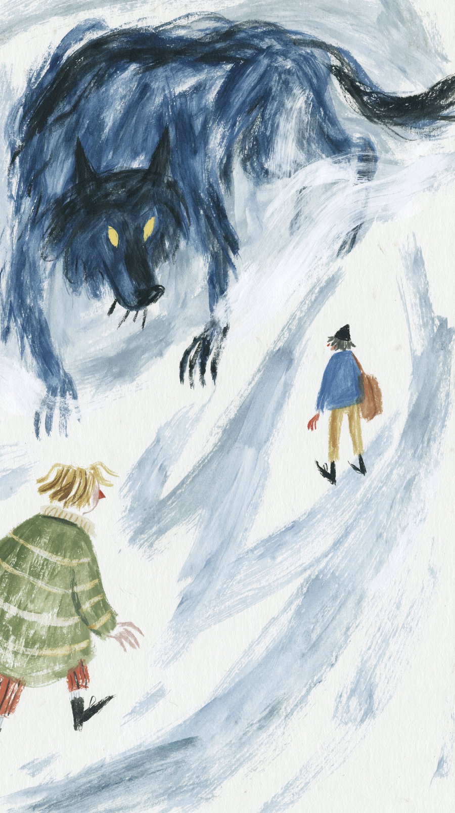 A dark, shadowy werewolf looming over a child and another figure in a snowy environment.