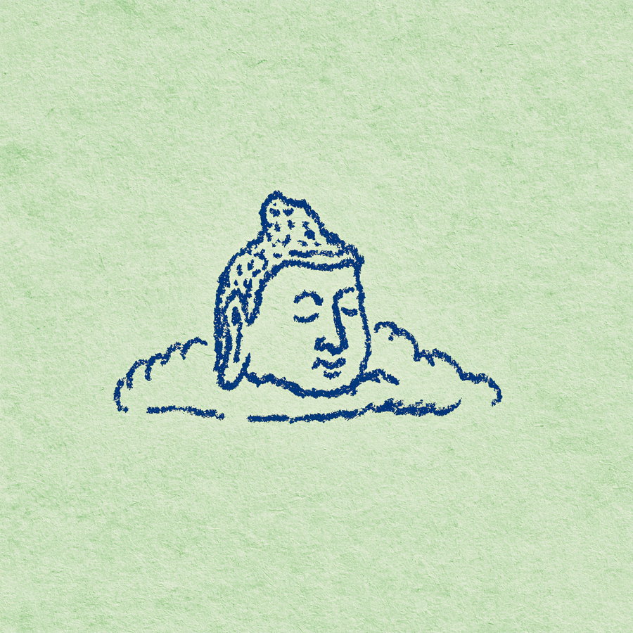 A stylized blue drawing of a Buddha head floating above fluffy clouds against a light green background.