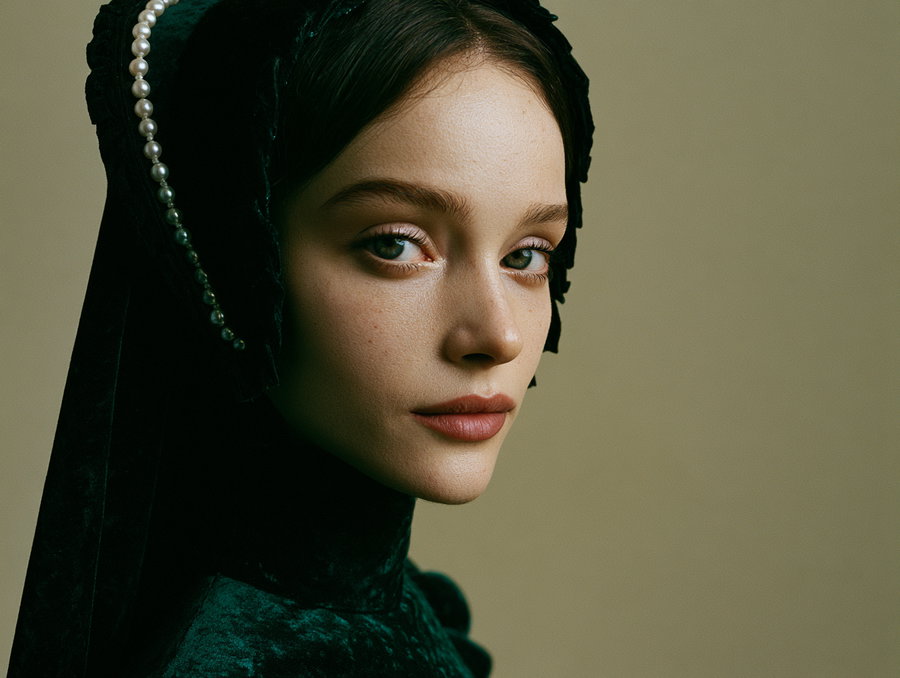 A woman in an emerald Tudor gown and black French hood, with pearls, stands against a seamless cream backdrop, looking at the camera with a raised eyebrow and a half-smile, holding a Tudor dagger.