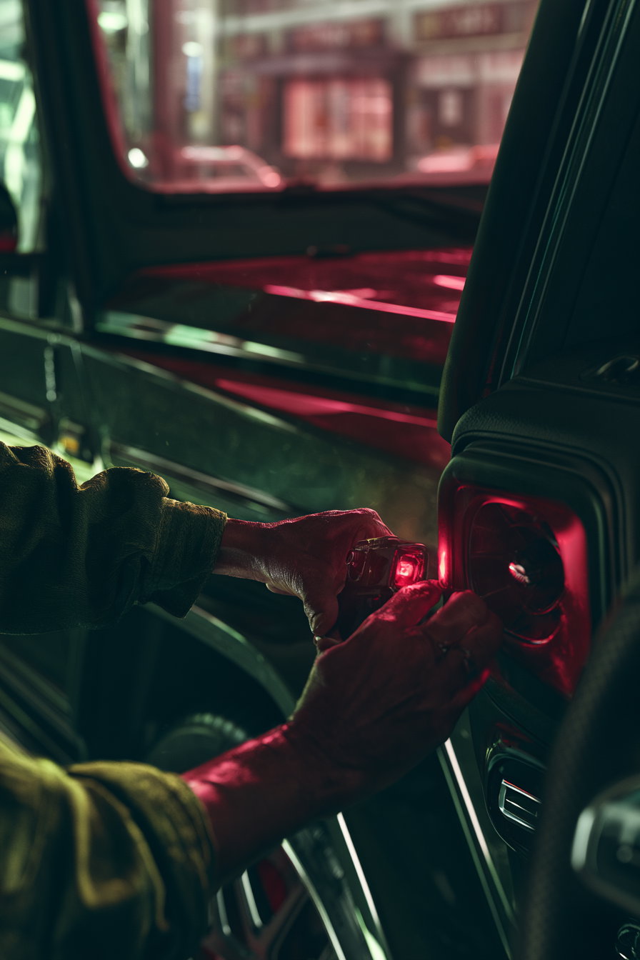 Close-up of a hand adjusting the rear light of a Mercedes G63, with a dark, moody interior and red lighting reflections.