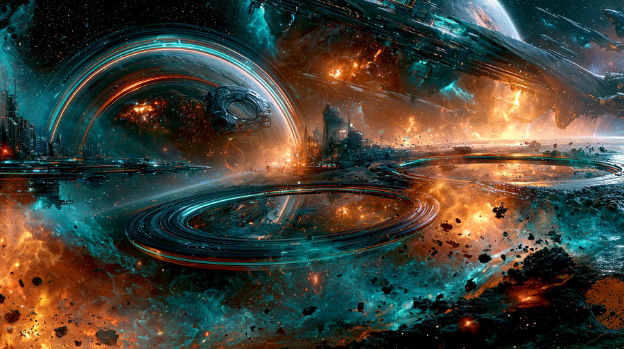 A vast outer space scene featuring colossal futuristic planets, glowing nebulae, and massive interstellar structures. Turquoise and orange neon colors illuminate floating mechanical rings and angular starships amid cosmic debris, with dramatic reflections and volumetric lighting effects.