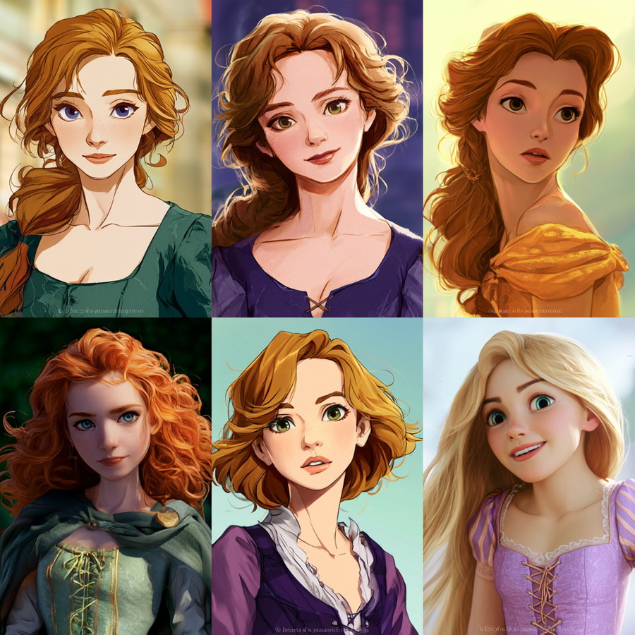 A collage of six animated princess portraits, showcasing different hairstyles and expressions, with vibrant colors and a whimsical style.