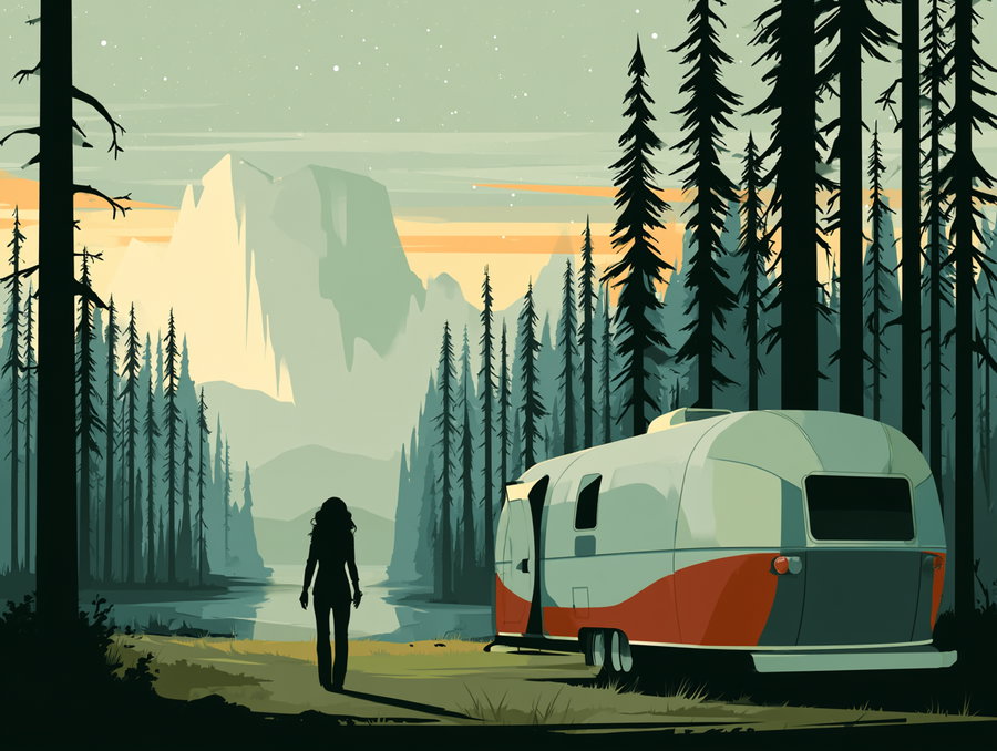 Silhouette of a lone adventurer near a vintage Airstream trailer at a lakeside clearing, surrounded by towering pine trees and distant mountain peaks under a starry dusk sky.