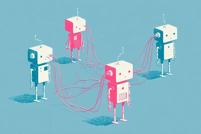 Illustration of Interconnected Robots in a Futuristic Setting