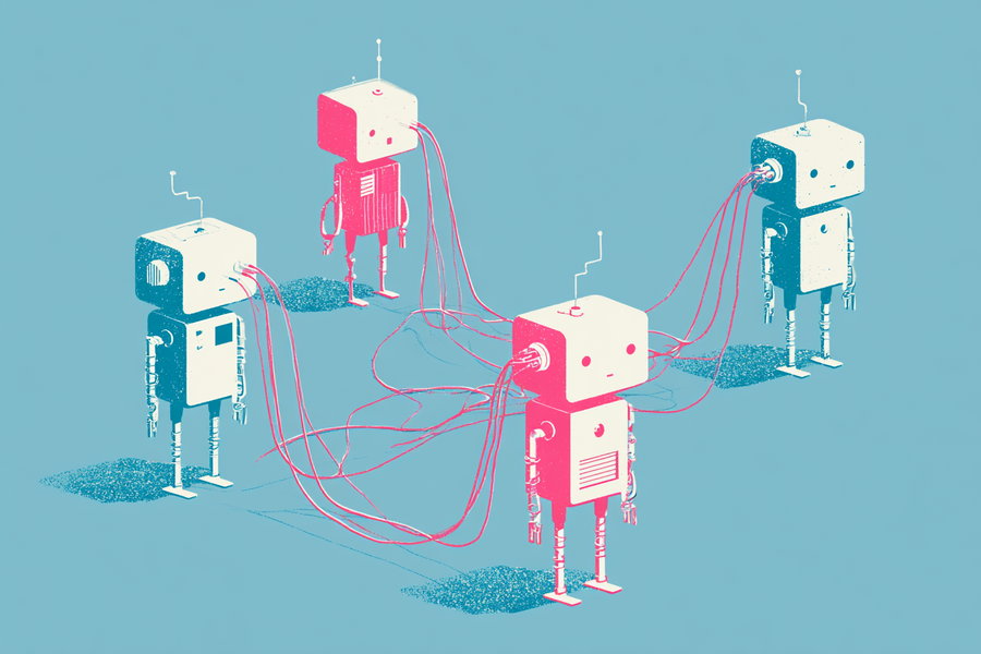 Four robots connected with colorful cables against a blue background.