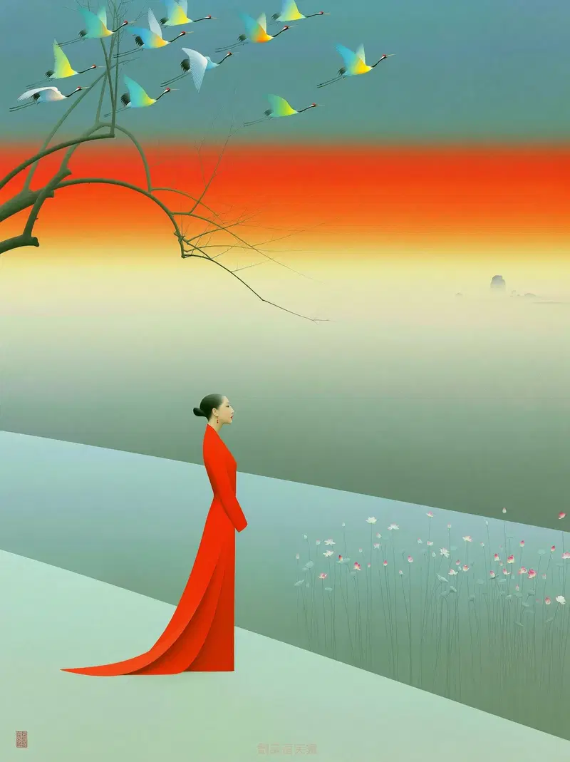 Dreamy Landscape with Woman in Red Against a Colorful Sky