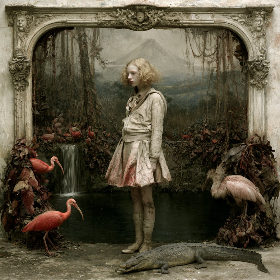 A teenage girl in a short skirt and hoodie stands at the edge of a pool, looking into the water. Surrounding her are tall rainforest trees and lianas, with a volcano and distant hills seen through the foliage. A small waterfall cascades into the pool, where scarlet ibises are perched, along with an alligator in the water.