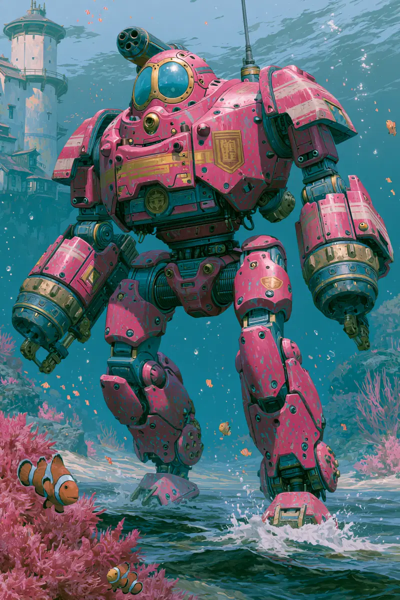 Epic Anime Style Giant Robot Fighting Underwater with Clownfish Colors