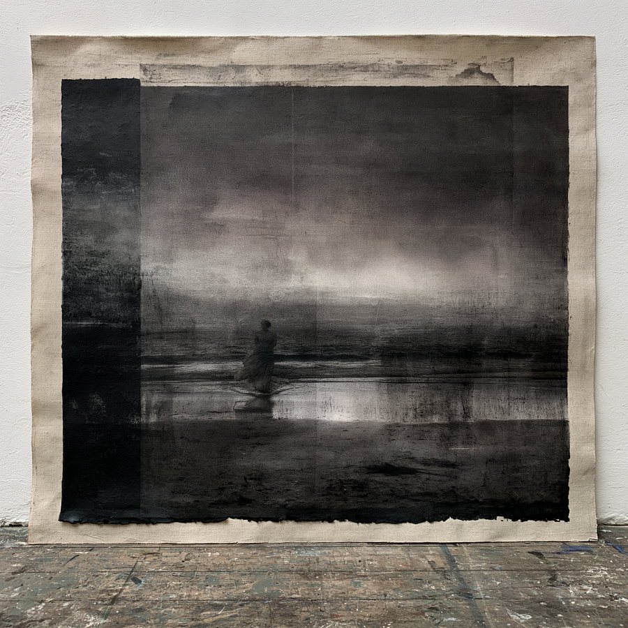 An abstract, monochrome painting depicting a figure in wet linen walking towards the viewer from the waves, with a textured background emphasizing shades of graphite.