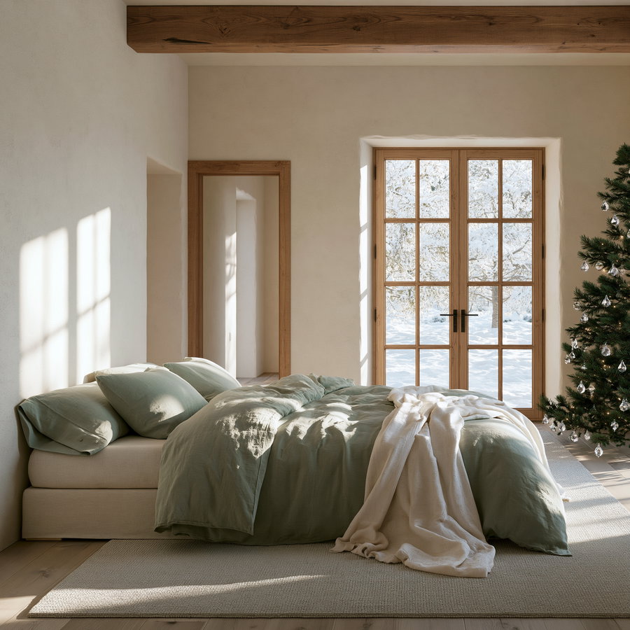 A softly lit bedroom featuring muted green bedding, cream walls with wooden trim, and a Christmas tree decorated with crystals, viewed from the back left side of the bed, showcasing a snowy landscape through two French doors.