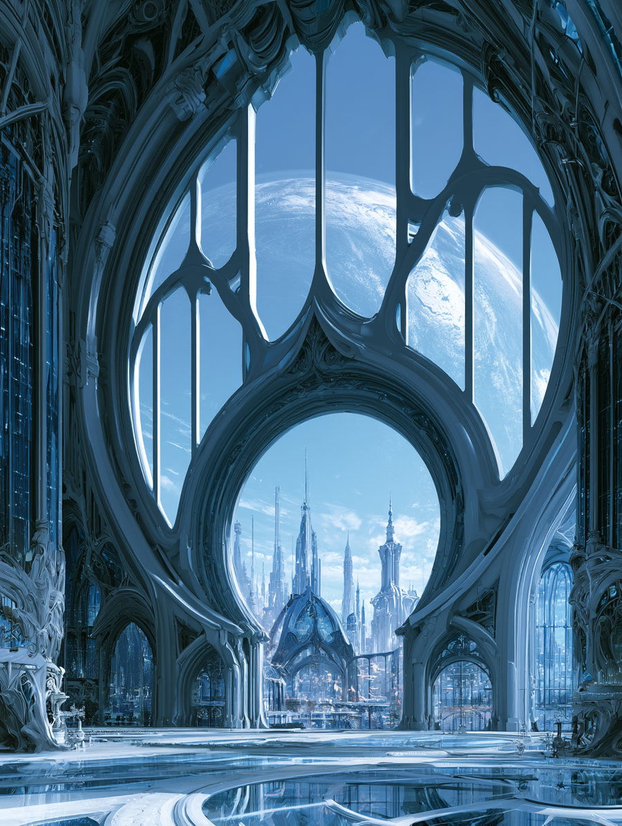 A panoramic view of a futuristic cybernetic building with a massive window showcasing a cityscape and a planet in the atmosphere, all in shades of blue.