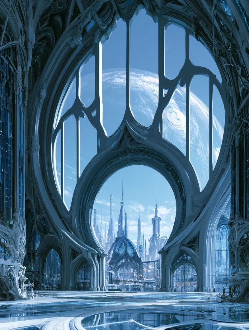 Cinematic View of a Cybernetic Building with Planetary Atmosphere