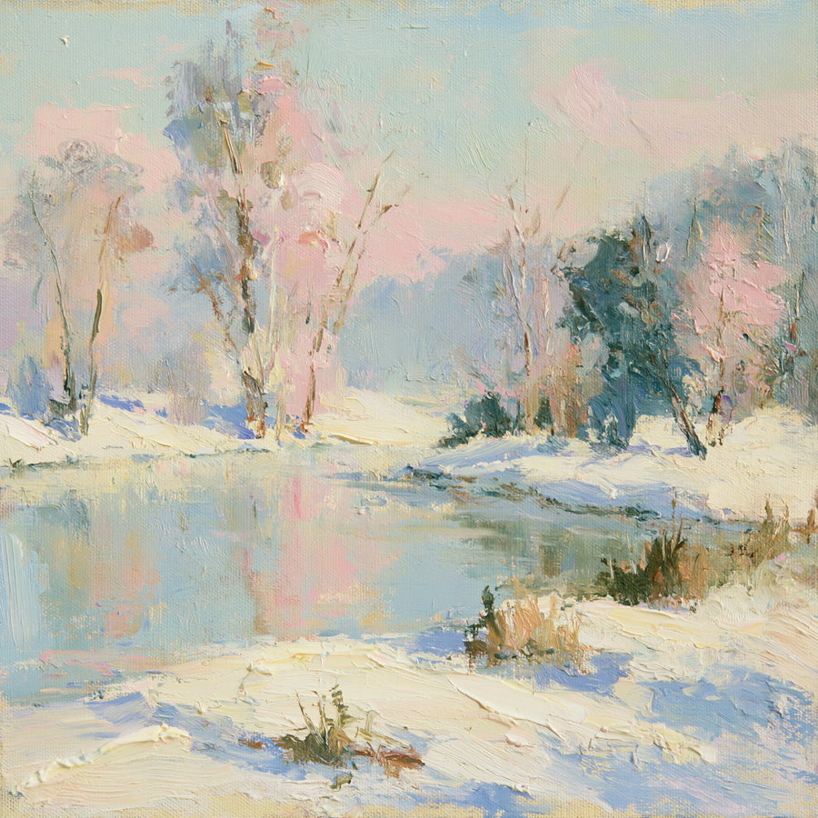 An impressionistic landscape featuring a serene winter scene with soft pink and blue hues, snowy banks, and trees reflected in a calm river.