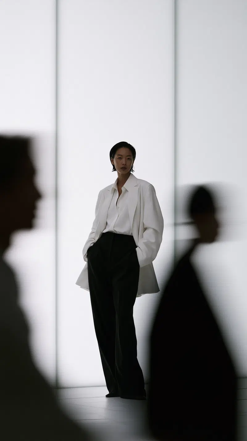 Elegant Minimalist Fashion Editorial against Striped Glass Wall