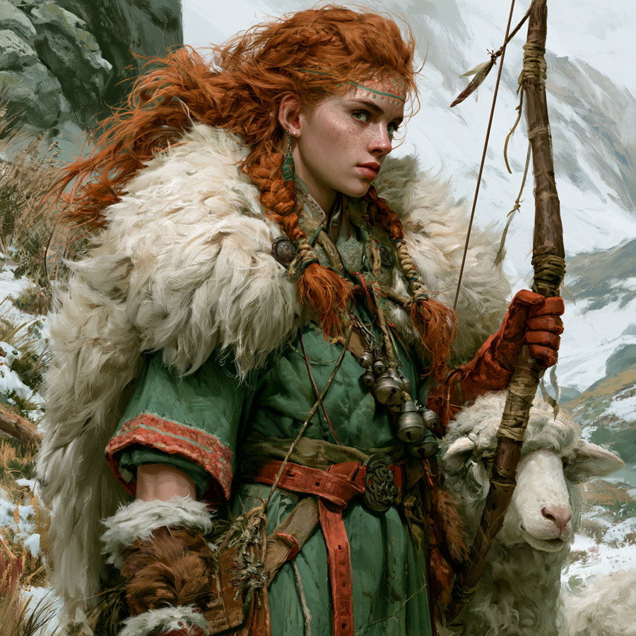 A female druid with braided red hair wearing a green cloak, holding a bow and standing next to a sheep in a mountainous landscape.