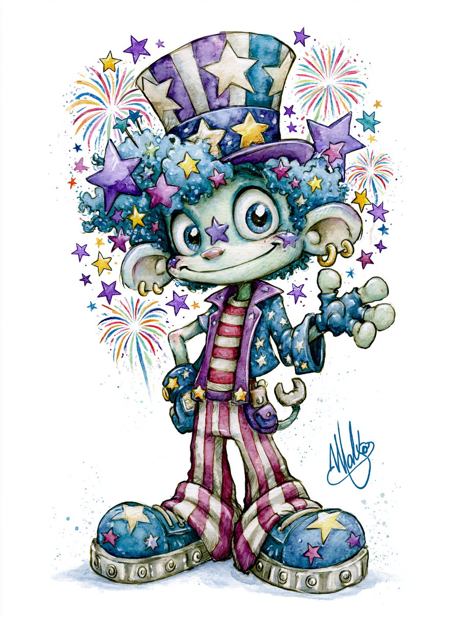 A cartoon character with blue skin, colorful star-patterned outfit, and big shoes, standing against a white background with fireworks and stars.