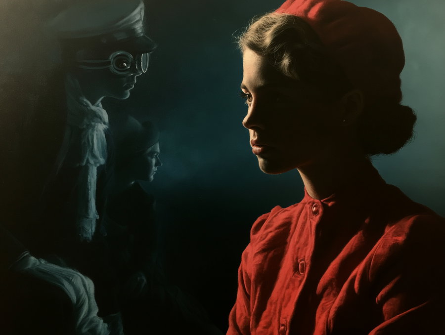 A young woman in a red outfit with a solemn expression, surrounded by shadowy figures in dark tones.