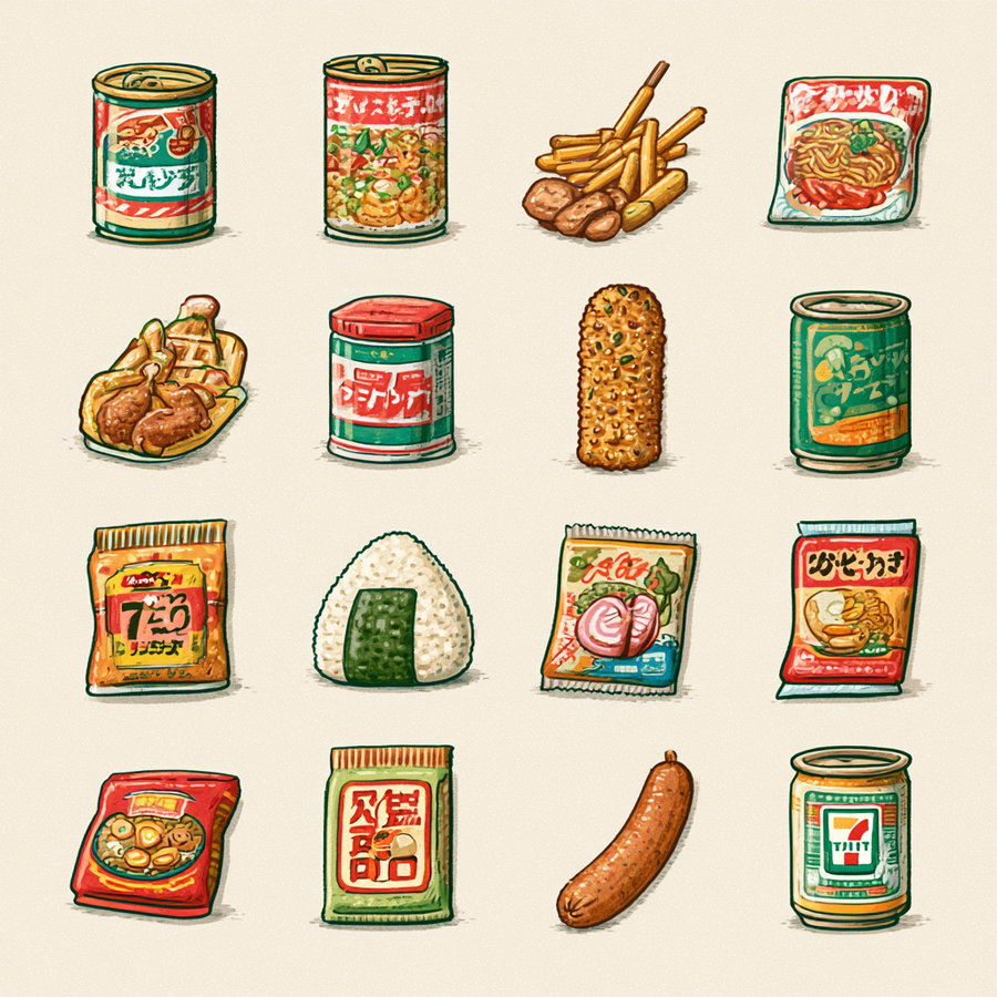 A grid of vintage Japanese 7-11 food products, including cans, snacks, and onigiri.