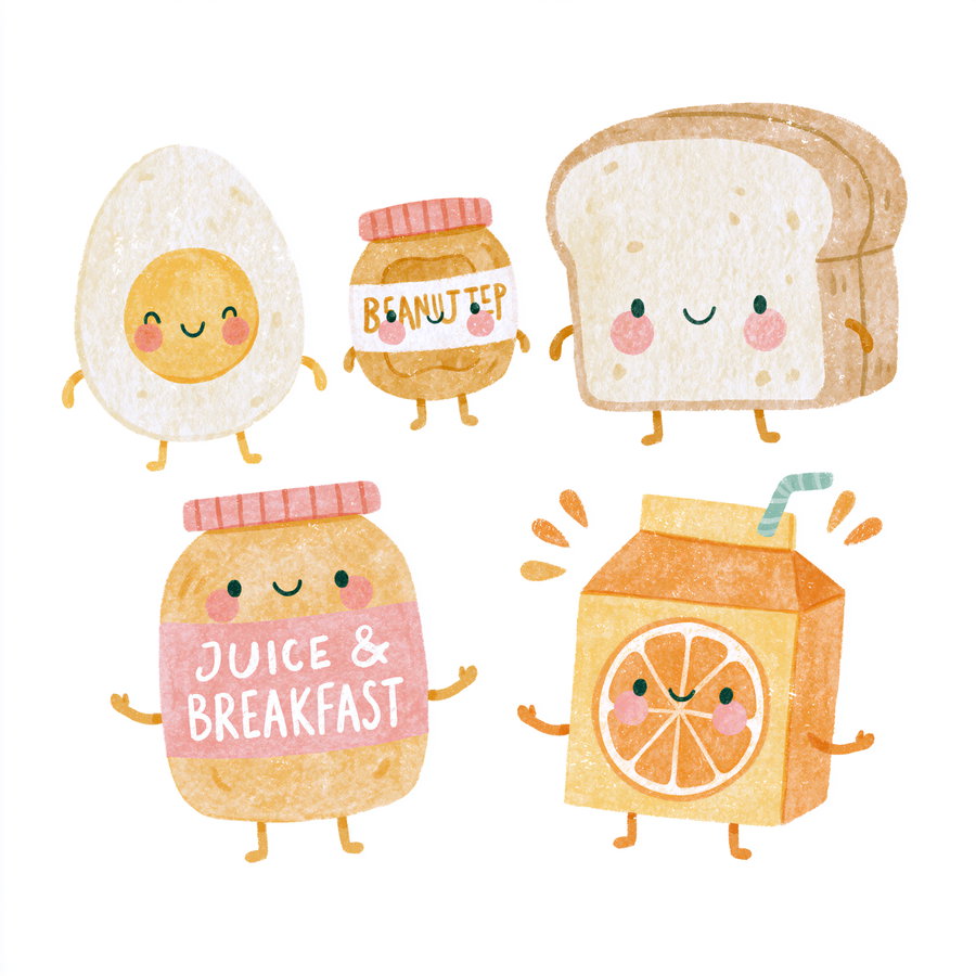 A smiling egg, peanut butter jar, sliced loaf bread, and juice box, each with faces and limbs, in playful pastel colors on a clean white background.