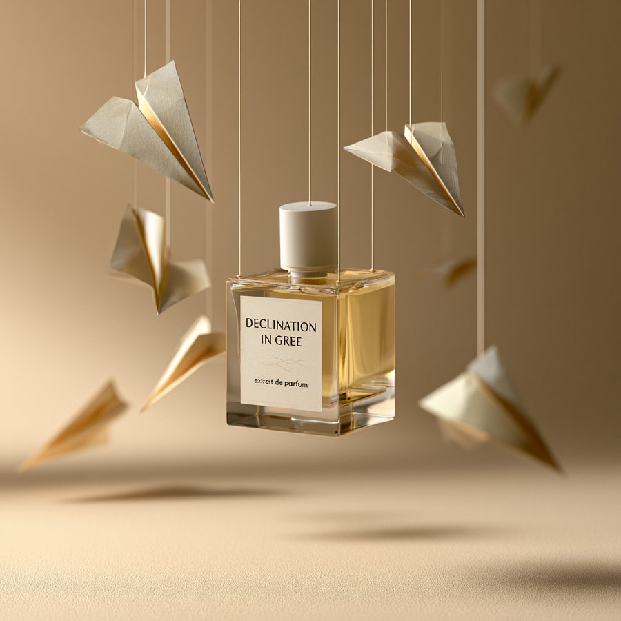 A perfume bottle labeled 'DECLINATION IN GREE' suspended among paper airplanes against a warm beige background.