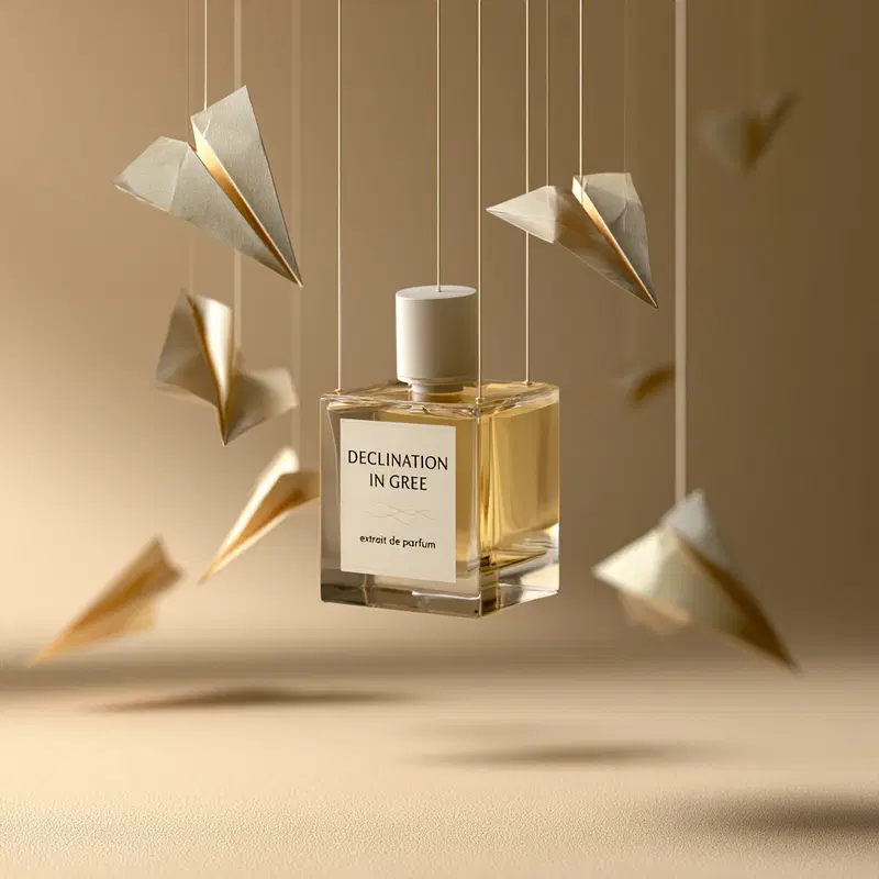 Minimal Luxury Still Life with Perfume and Paper Airplanes