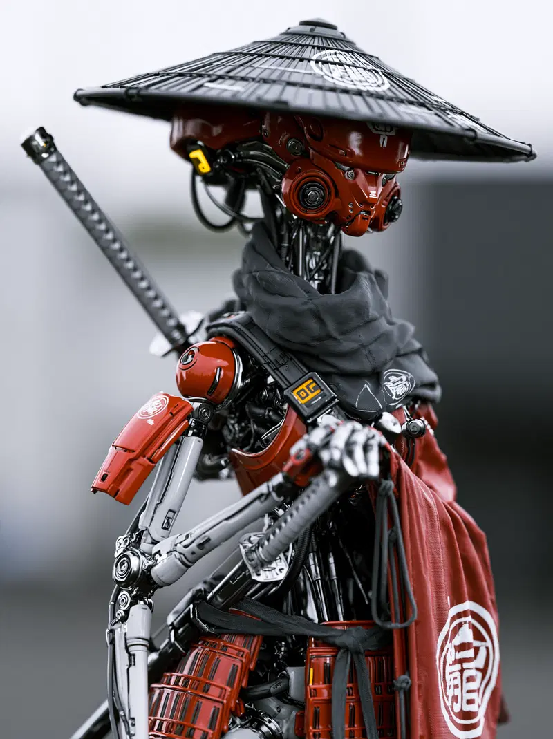 Intricate Cyberpunk Robot Character in Traditional Garb