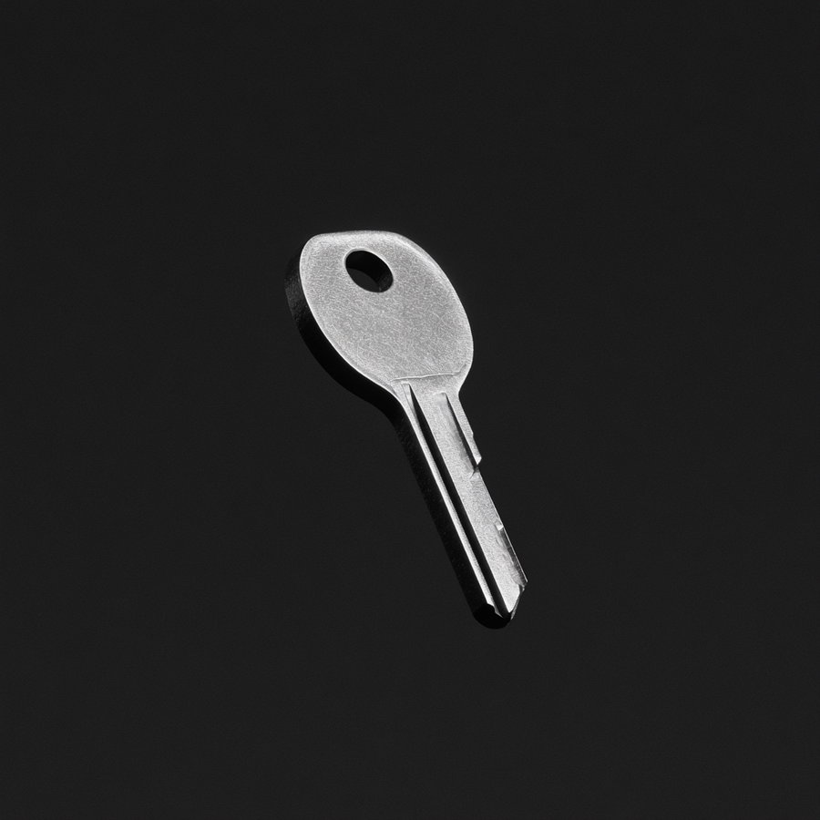 A single metallic key floating in the air against a solid black background