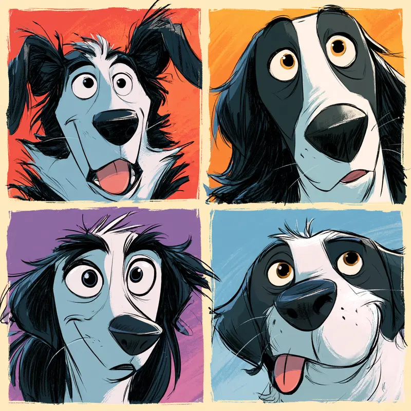 Colorful Cartoon Style Illustrations of Happy Dogs