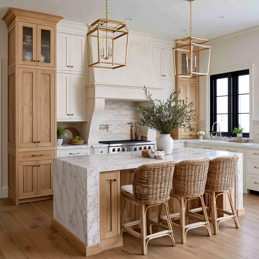 Modern kitchen featuring cream and white oak cabinets, a large island with marble counter, gold lighting fixtures, a Wolf range, a plaster-style hood, and rattan counter stools with green sprigs as decor.