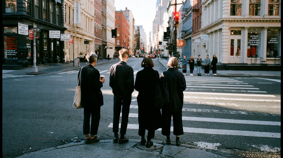 A group of four people standing at a crosswalk, backs to the camera, facing the street in SoHo. Urban architecture lines the block, and a red pedestrian signal glows in the distance.