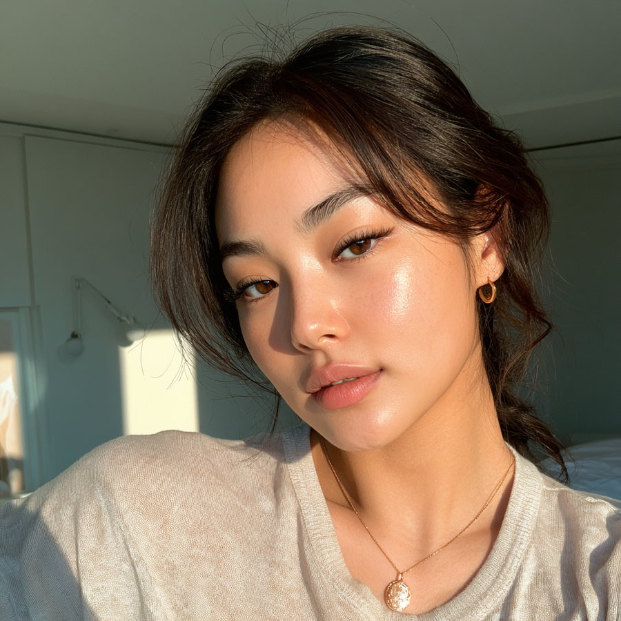 A young woman with attractive eyes and eyelash extensions poses for a selfie in soft light, wearing a neutral top and jewelry, in a bright, airy setting.