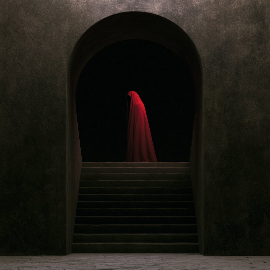A dark, shadowy figure draped in a red cloak stands at the top of a staircase, framed by a large archway in a dimly lit space.