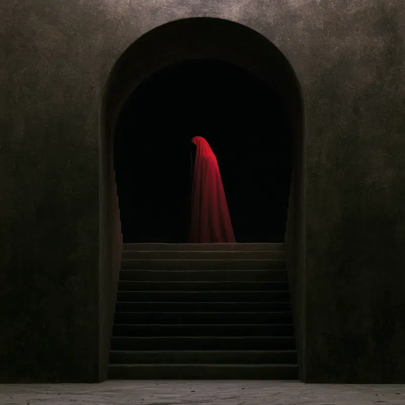 A Mysterious Figure in a Dark Archway with a Red Cloak